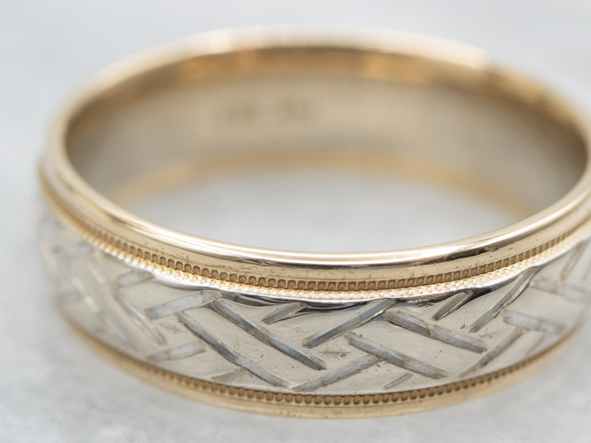 Men's Two Tone Crosshatched Pattern Wedding Band