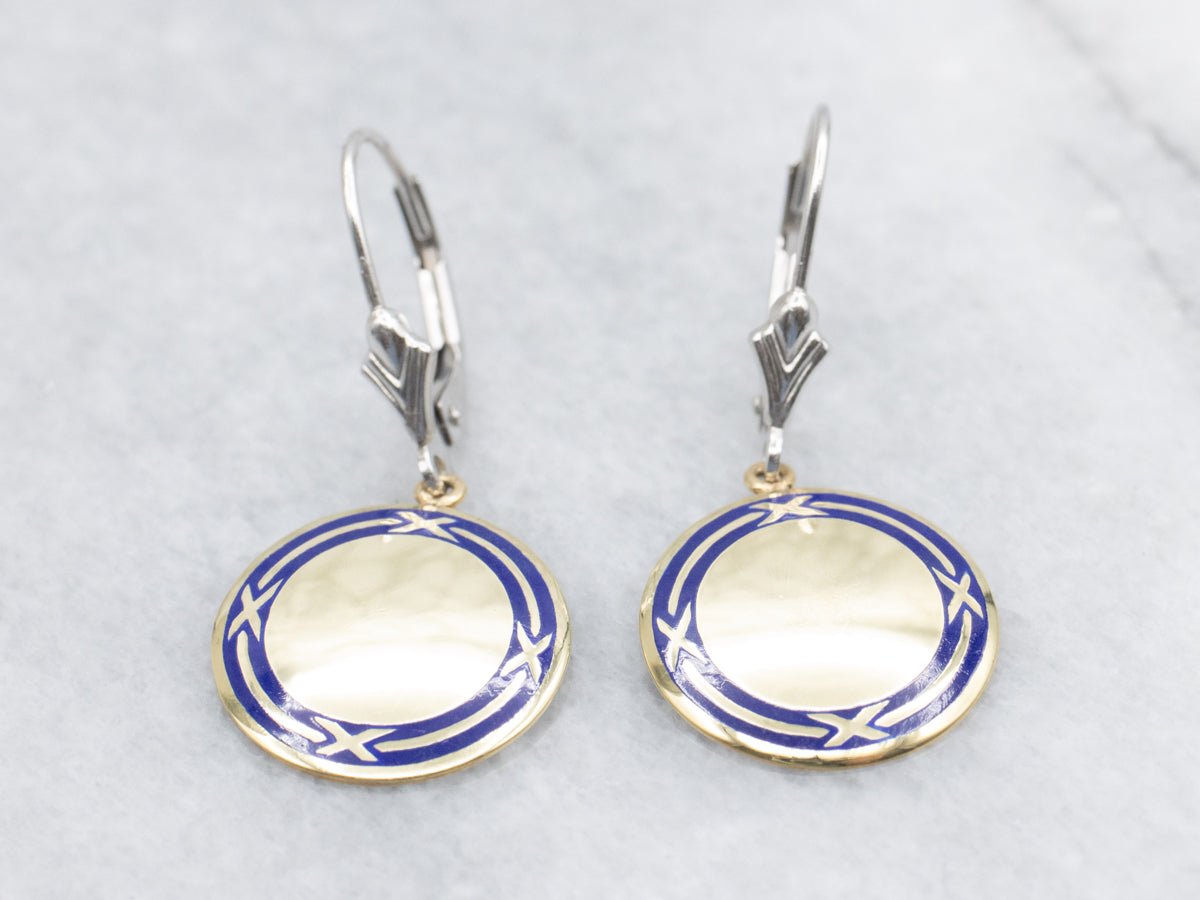 Gold Blue Enamel Cufflink Conversion Drop Earrings