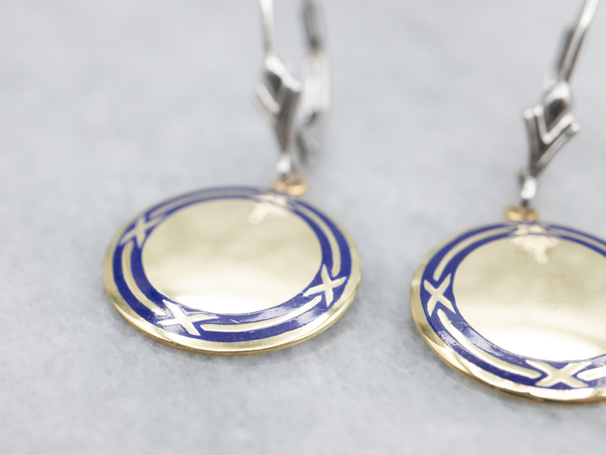 Gold Blue Enamel Cufflink Conversion Drop Earrings