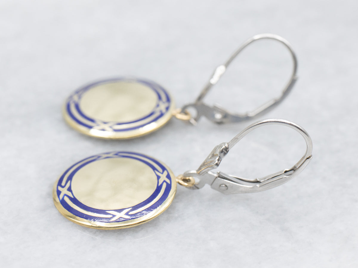 Gold Blue Enamel Cufflink Conversion Drop Earrings