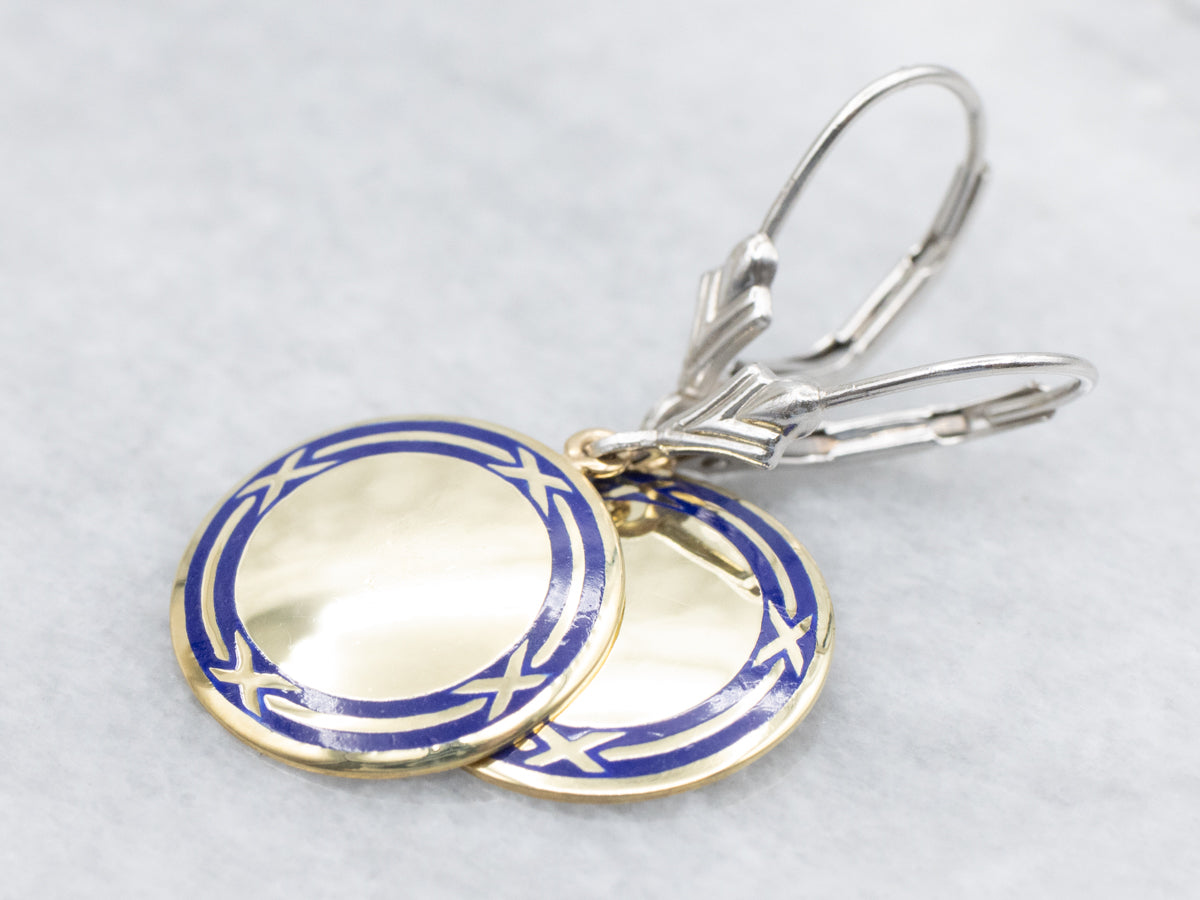 Gold Blue Enamel Cufflink Conversion Drop Earrings