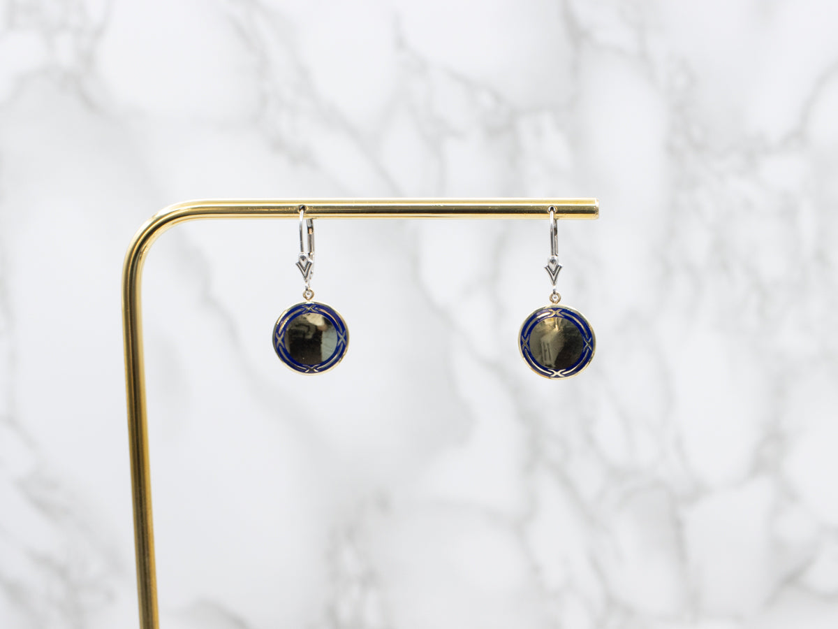 Gold Blue Enamel Cufflink Conversion Drop Earrings
