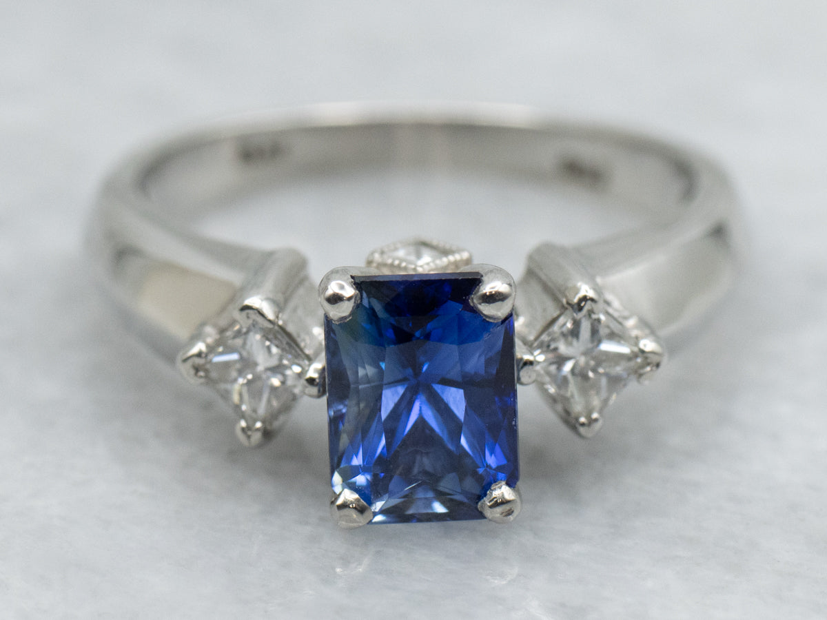 Modern Platinum Sapphire and Diamond Engagement Ring