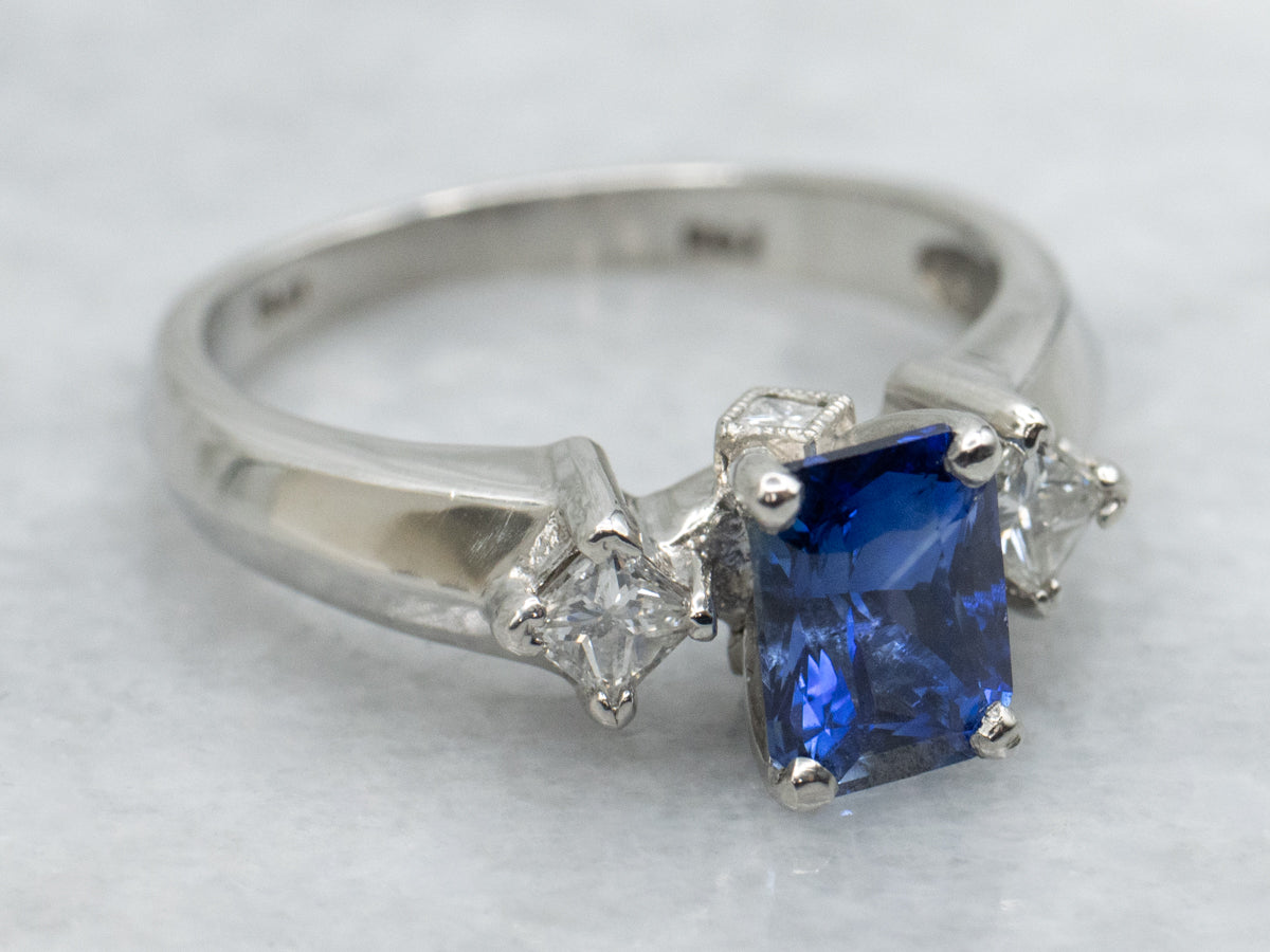 Modern Platinum Sapphire and Diamond Engagement Ring