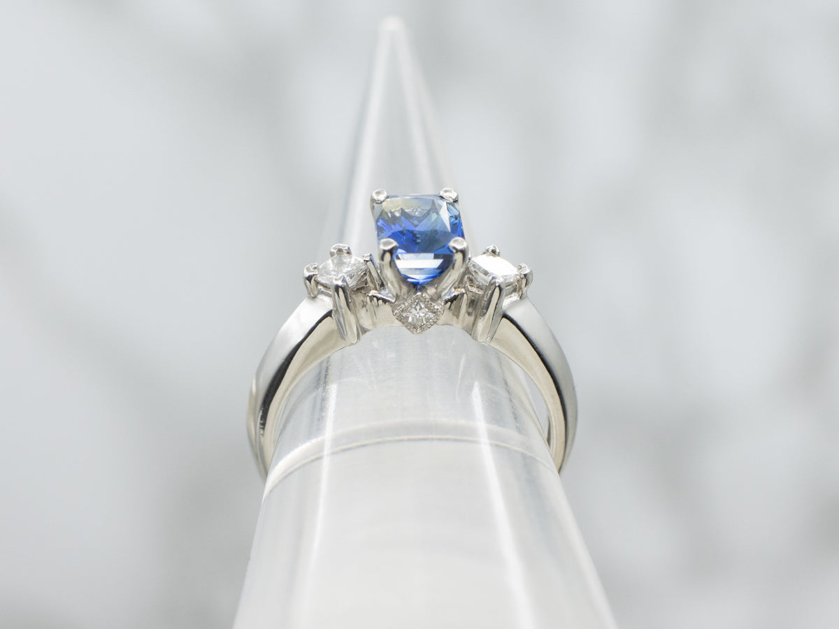 Modern Platinum Sapphire and Diamond Engagement Ring