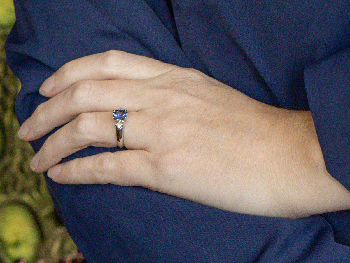 Modern Platinum Sapphire and Diamond Engagement Ring