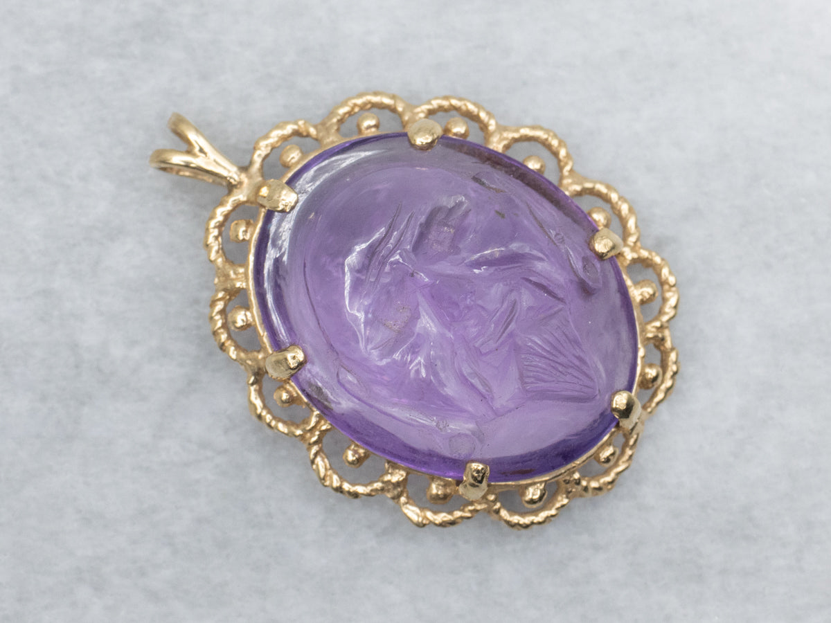 The Wise Man in the Stone: Antique Carved Amethyst Cameo Gemstone in Modern Frame
