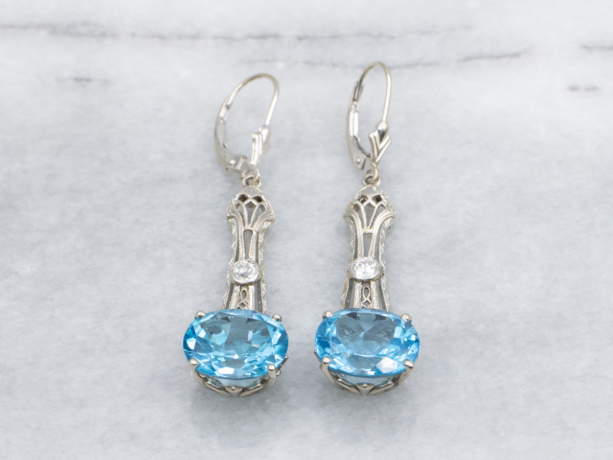 Blue Topaz and European Cut Diamond Antique Filigree Bar Drop Earrings