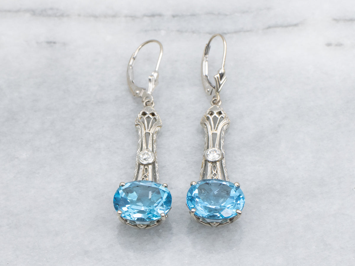 Blue Topaz and European Cut Diamond Antique Filigree Bar Drop Earrings