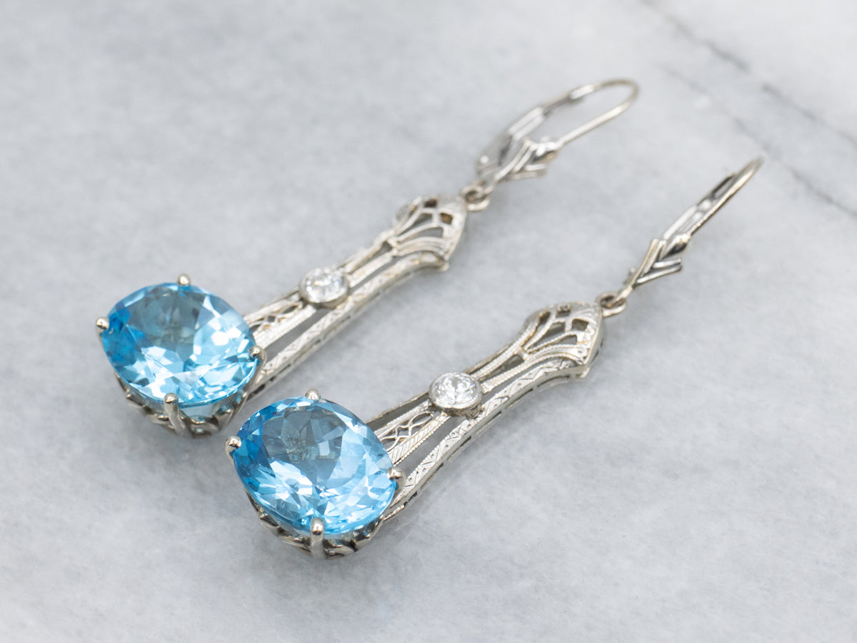 Blue Topaz and European Cut Diamond Antique Filigree Bar Drop Earrings