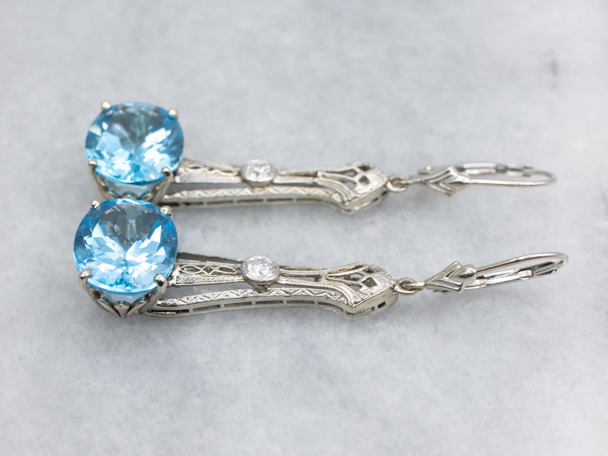 Blue Topaz and European Cut Diamond Antique Filigree Bar Drop Earrings