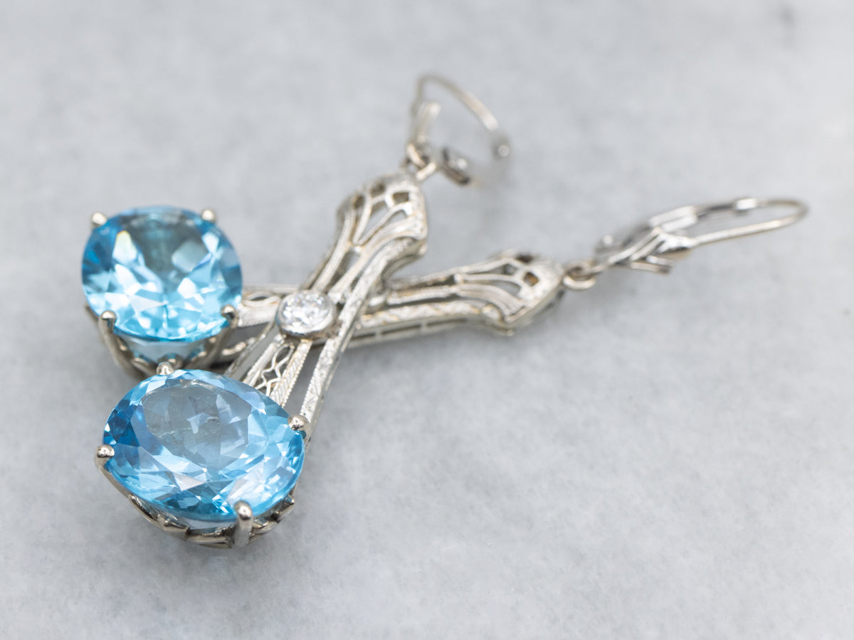 Blue Topaz and European Cut Diamond Antique Filigree Bar Drop Earrings