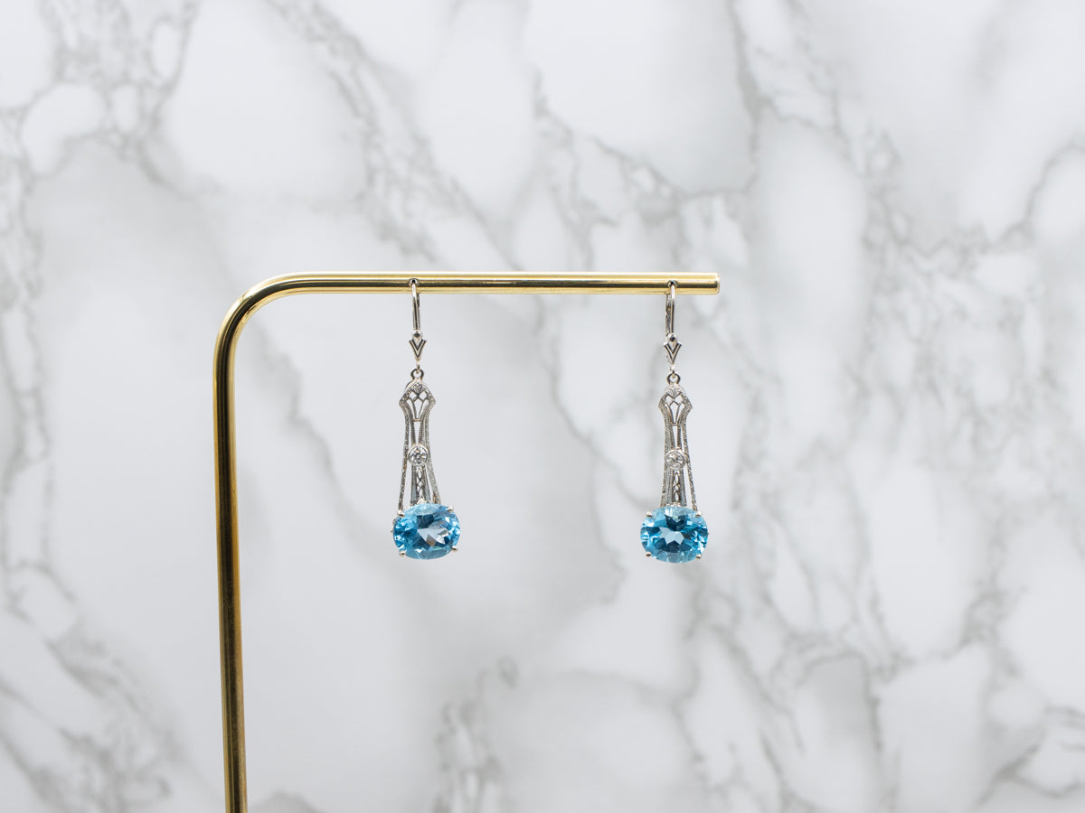 Blue Topaz and European Cut Diamond Antique Filigree Bar Drop Earrings