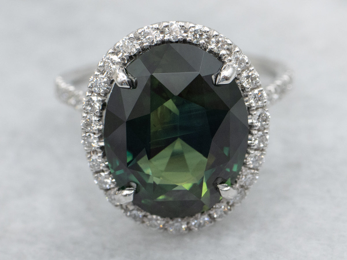 Modern GIA Certified Natural Green Sapphire and Diamond Halo Ring from The Elizabeth Henry Collection