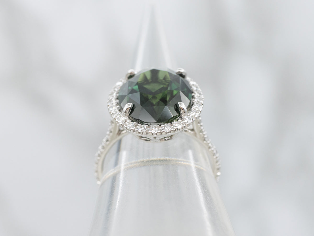 Modern GIA Certified Natural Green Sapphire and Diamond Halo Ring from The Elizabeth Henry Collection