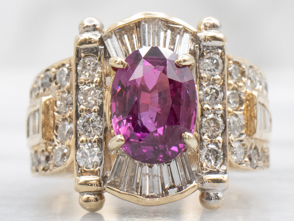 Vintage Pink Sapphire and Diamond Scroll Banner Cocktail Ring