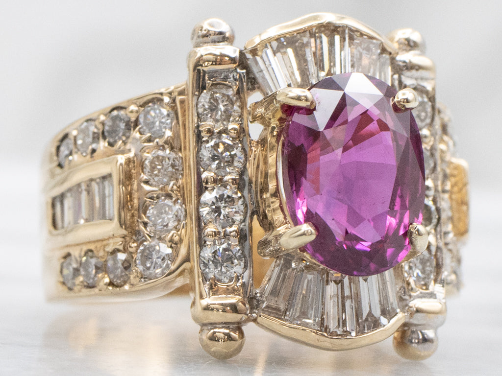 Vintage Pink Sapphire and Diamond Scroll Banner Cocktail Ring