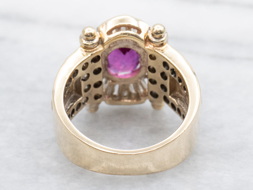 Vintage Pink Sapphire and Diamond Scroll Banner Cocktail Ring
