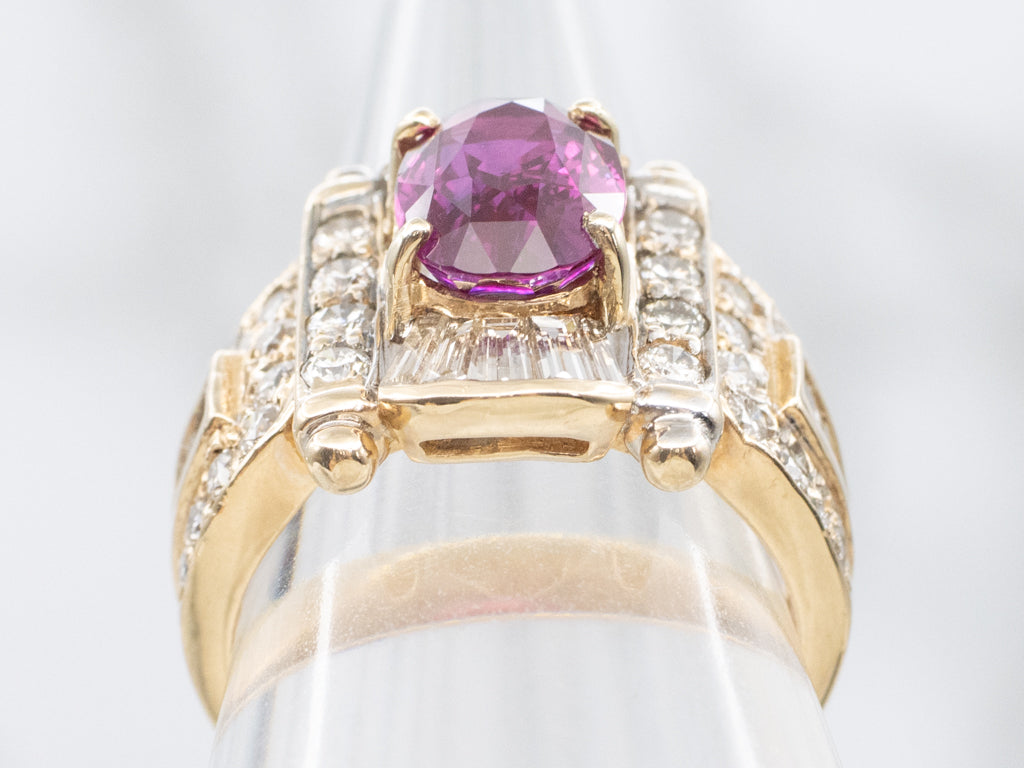 Vintage Pink Sapphire and Diamond Scroll Banner Cocktail Ring