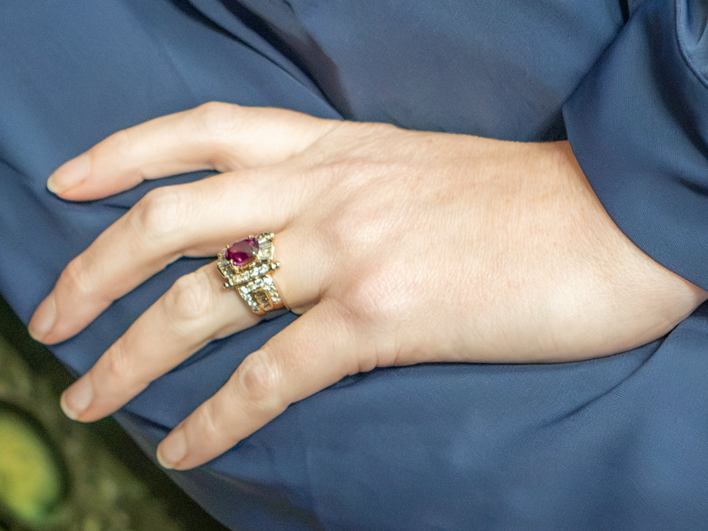 Vintage Pink Sapphire and Diamond Scroll Banner Cocktail Ring
