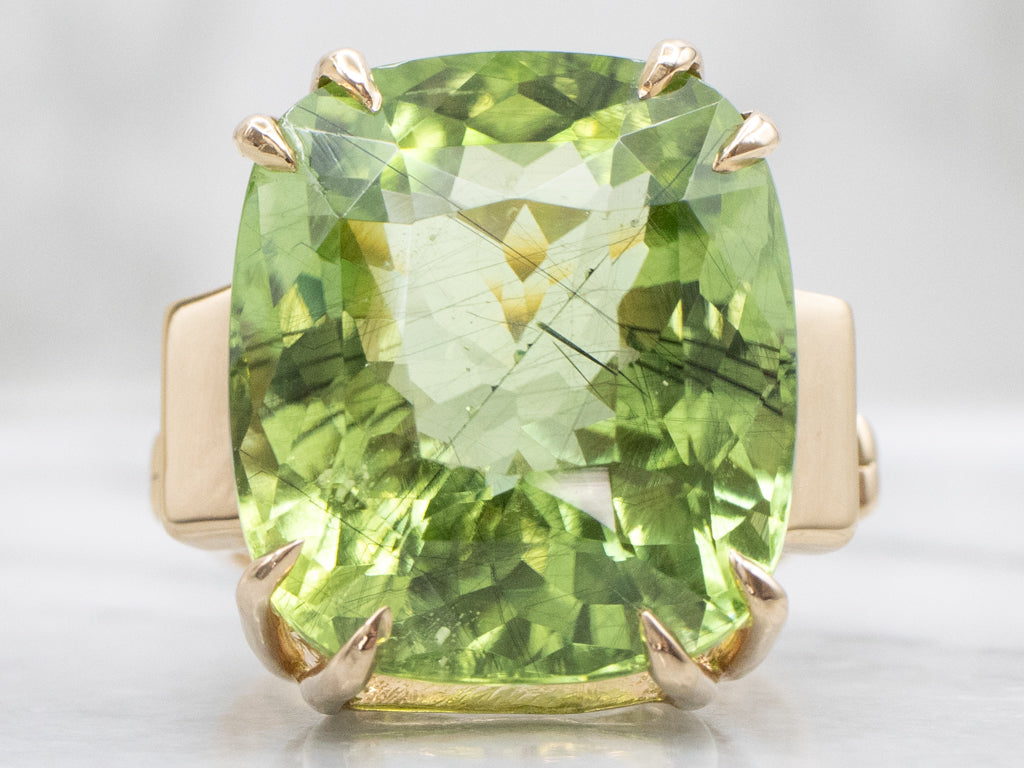 Spring Green Tourmaline with Rutile Needles Cocktail Ring in 14K Yellow Gold