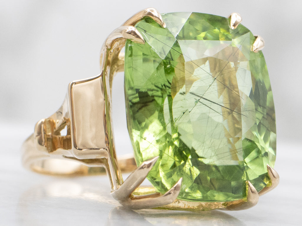 Spring Green Tourmaline with Rutile Needles Cocktail Ring in 14K Yellow Gold