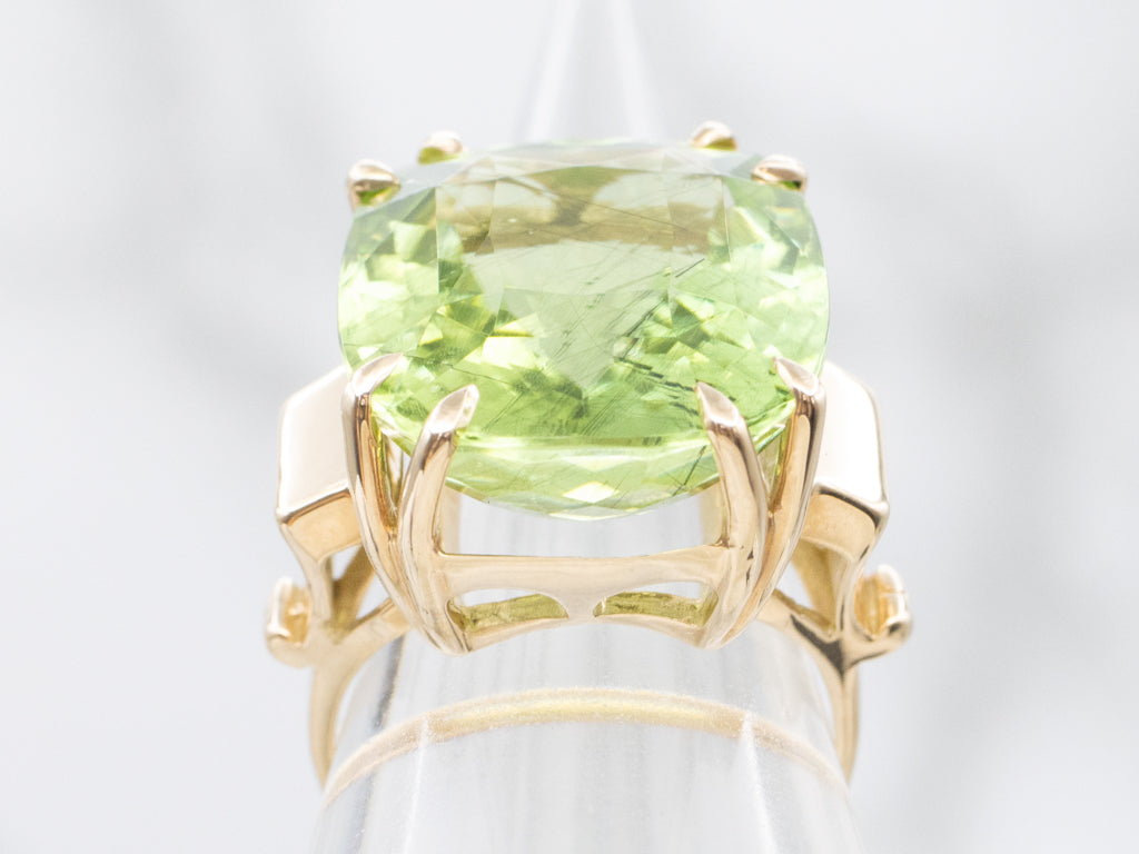 Spring Green Tourmaline with Rutile Needles Cocktail Ring in 14K Yellow Gold