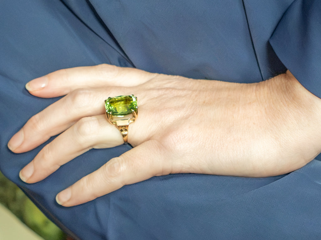 Spring Green Tourmaline with Rutile Needles Cocktail Ring in 14K Yellow Gold