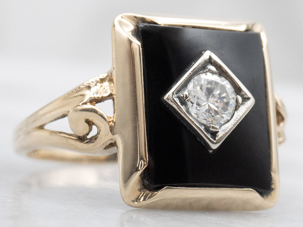 Mid-Century Black Onyx and Diamond Ring