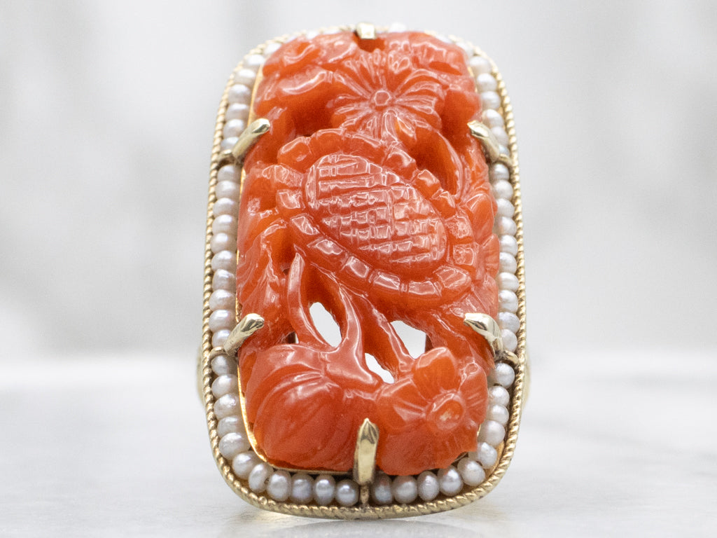 Floral Carved Coral with Seed Pearl Halo Art Nouveau Era Ring