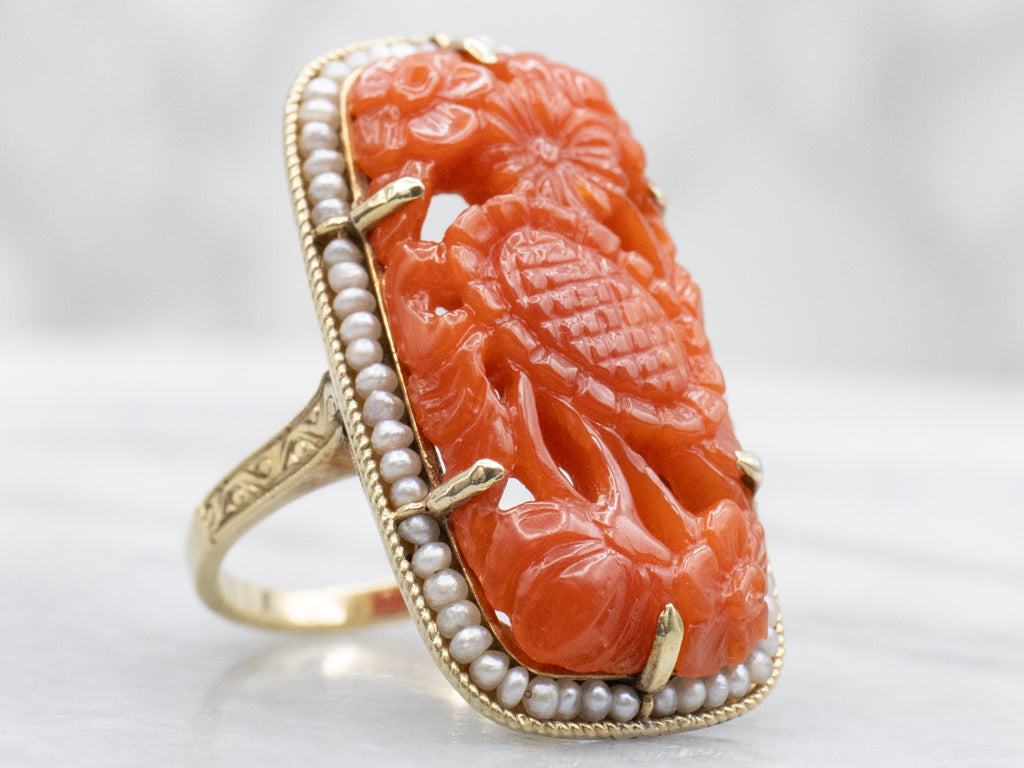 Floral Carved Coral with Seed Pearl Halo Art Nouveau Era Ring