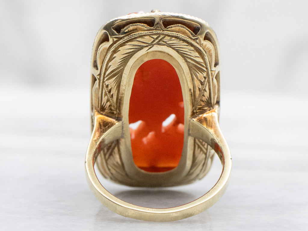 Floral Carved Coral with Seed Pearl Halo Art Nouveau Era Ring