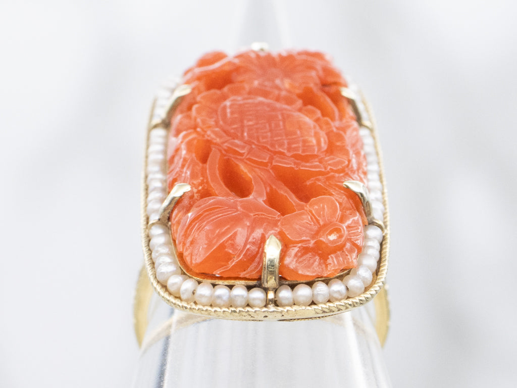 Floral Carved Coral with Seed Pearl Halo Art Nouveau Era Ring