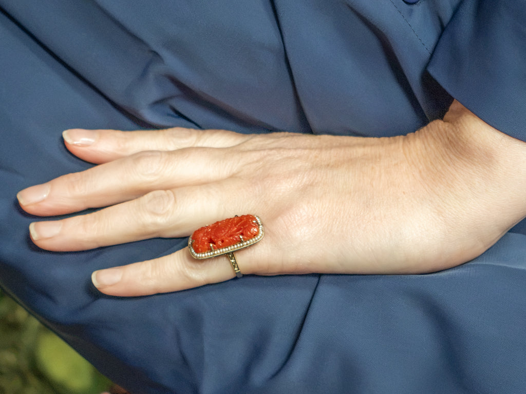 Floral Carved Coral with Seed Pearl Halo Art Nouveau Era Ring