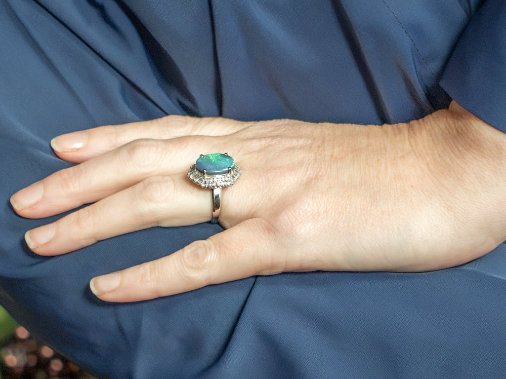 Vintage Black Opal and Diamond 'Ballerina Skirt' Ring in Platinum