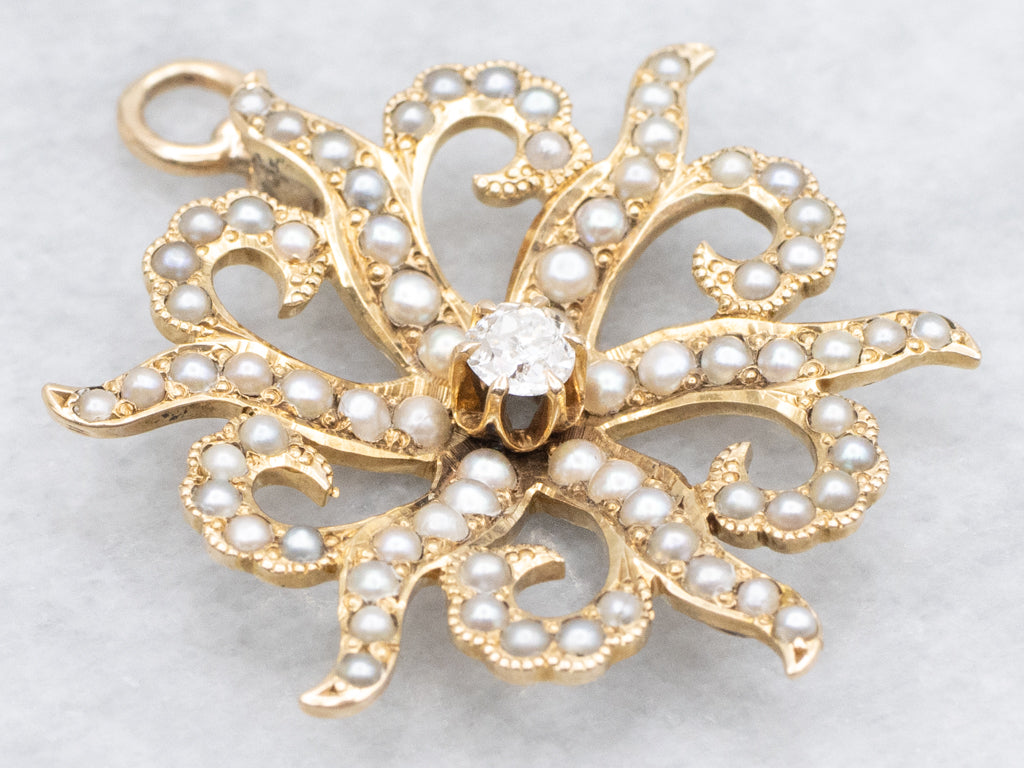 Starburst Old Mine Cut Diamond and Seed Pearl Antique Pendant