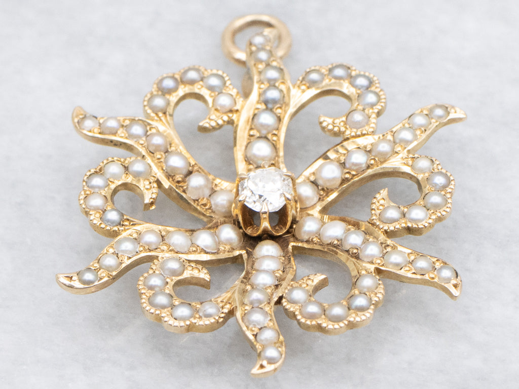 Starburst Old Mine Cut Diamond and Seed Pearl Antique Pendant