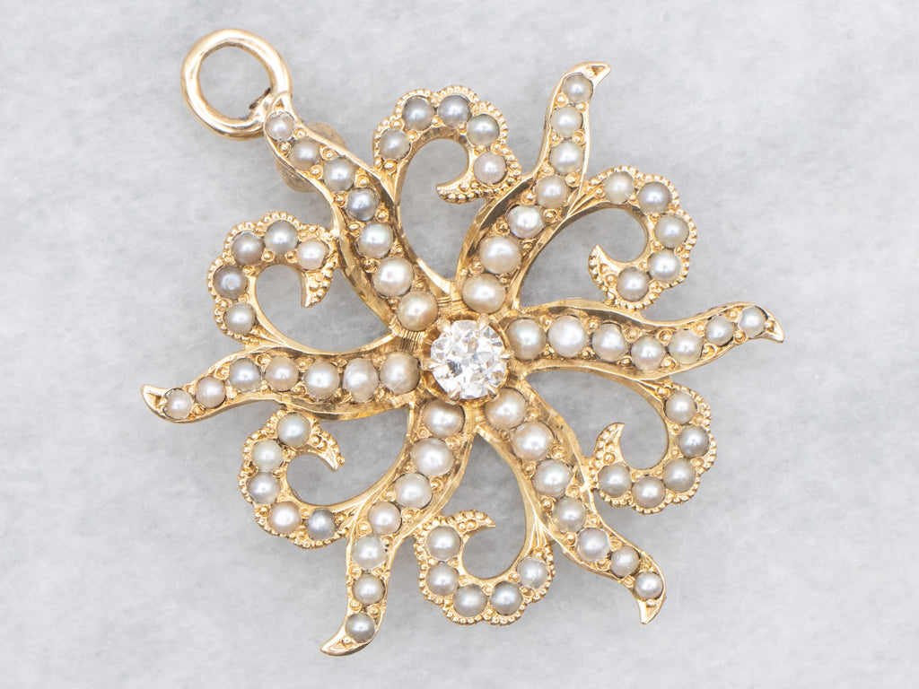Starburst Old Mine Cut Diamond and Seed Pearl Antique Pendant
