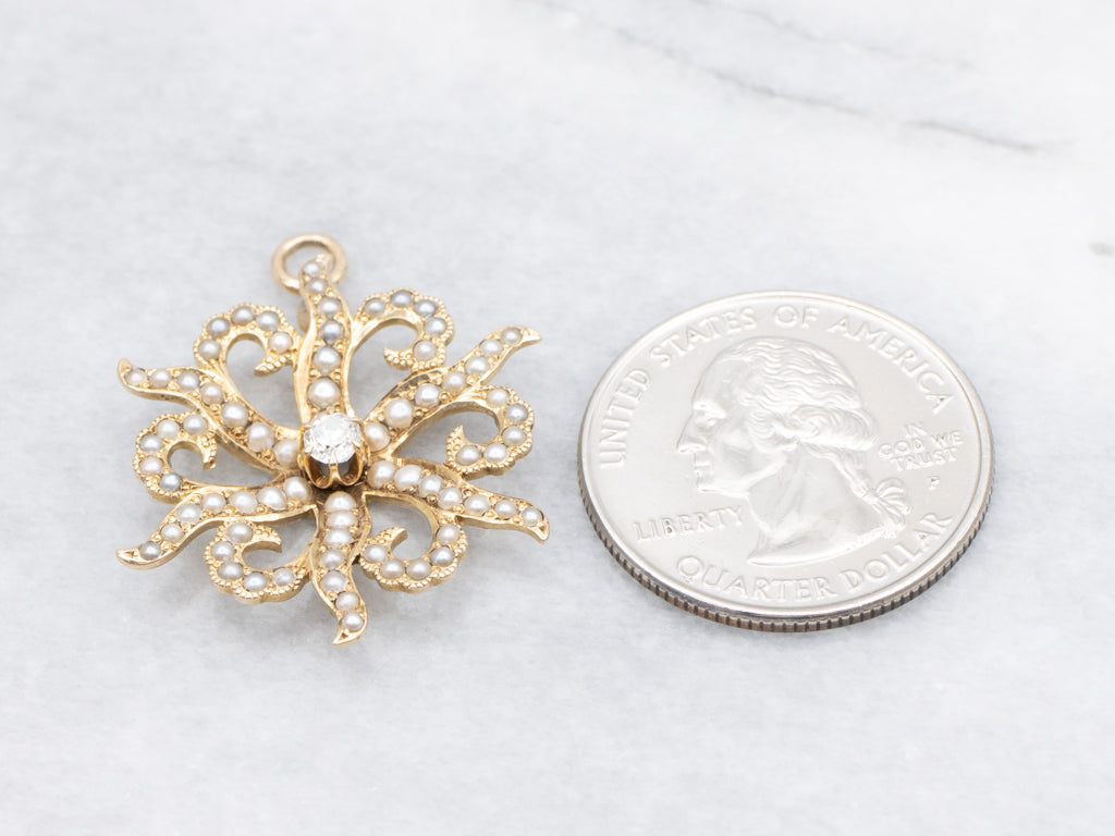 Starburst Old Mine Cut Diamond and Seed Pearl Antique Pendant