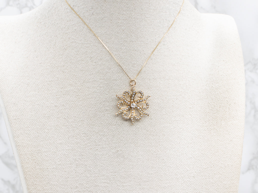 Starburst Old Mine Cut Diamond and Seed Pearl Antique Pendant