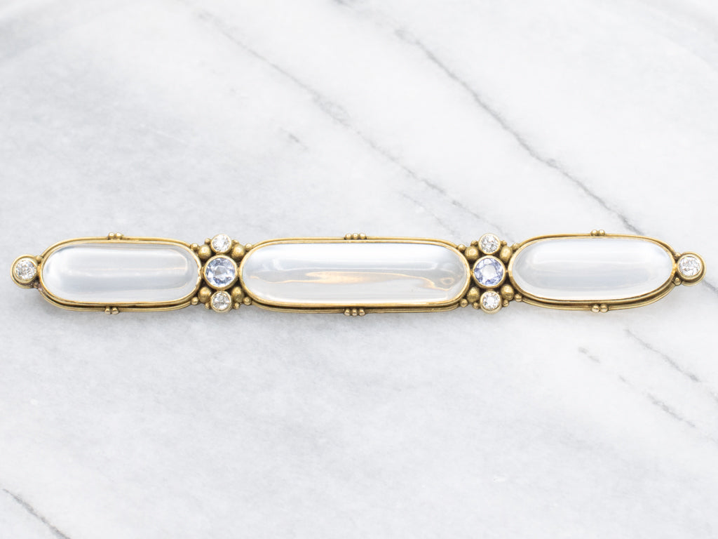 Art Nouveau Era Moonstone and Diamond Brooch in Yellow Gold