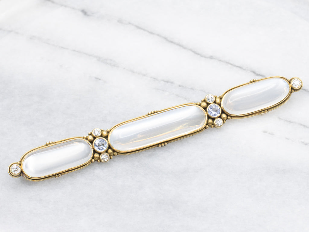 Art Nouveau Era Moonstone and Diamond Brooch in Yellow Gold