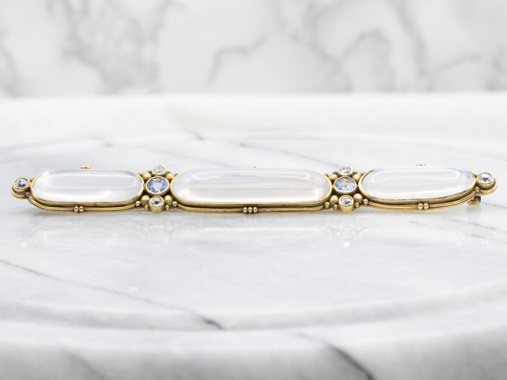 Art Nouveau Era Moonstone and Diamond Brooch in Yellow Gold