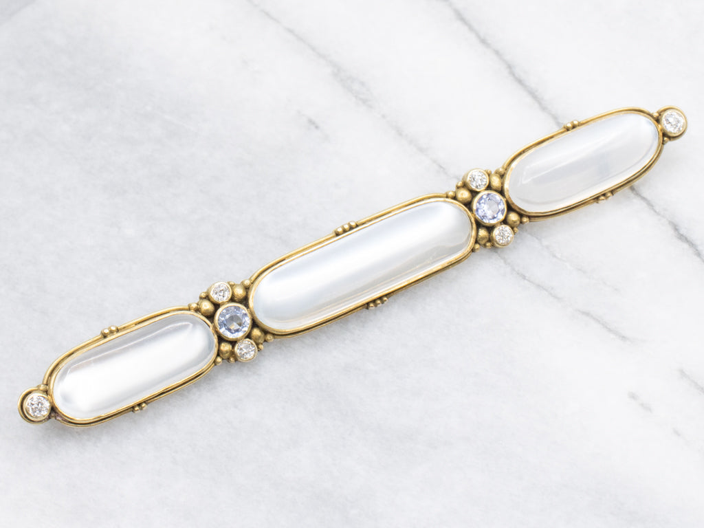 Art Nouveau Era Moonstone and Diamond Brooch in Yellow Gold