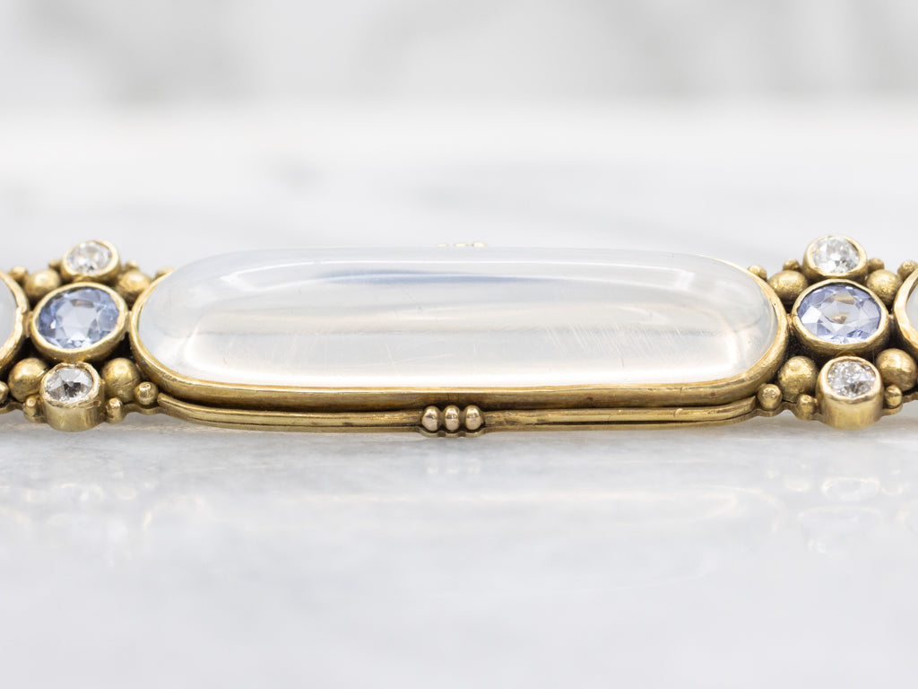 Art Nouveau Era Moonstone and Diamond Brooch in Yellow Gold