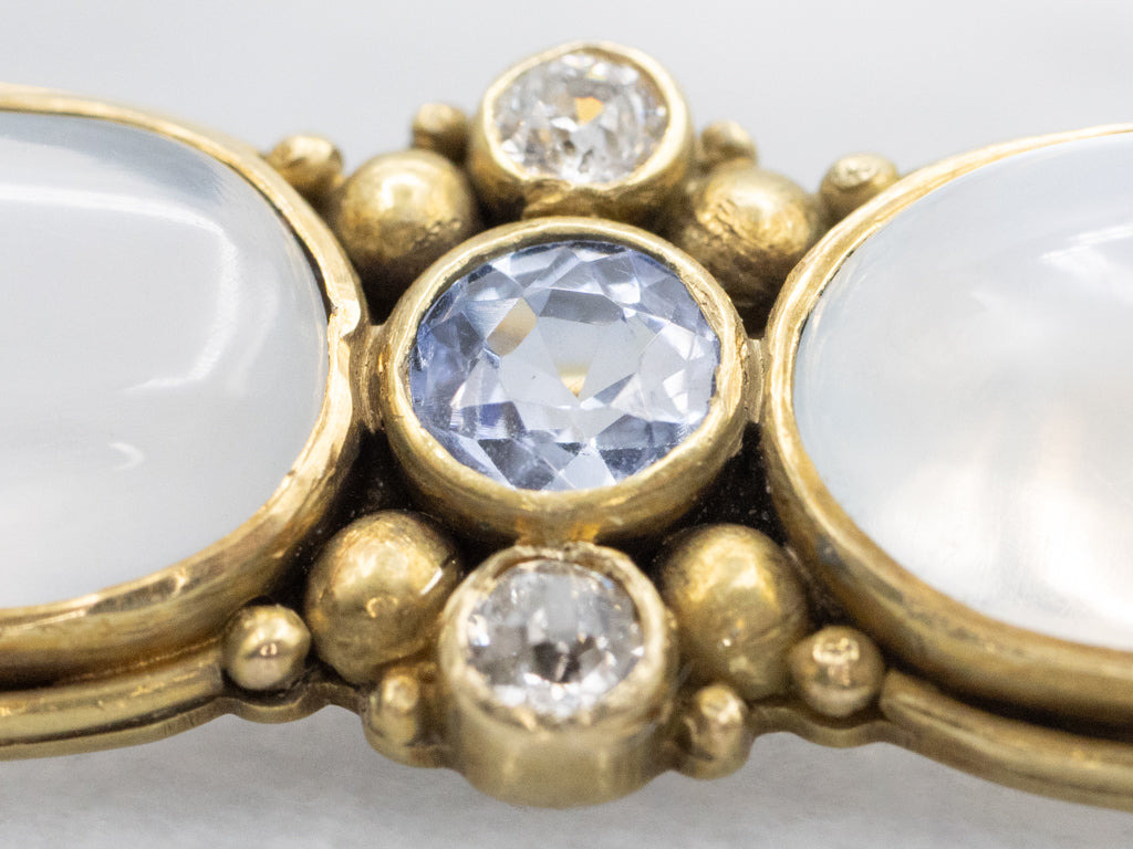 Art Nouveau Era Moonstone and Diamond Brooch in Yellow Gold