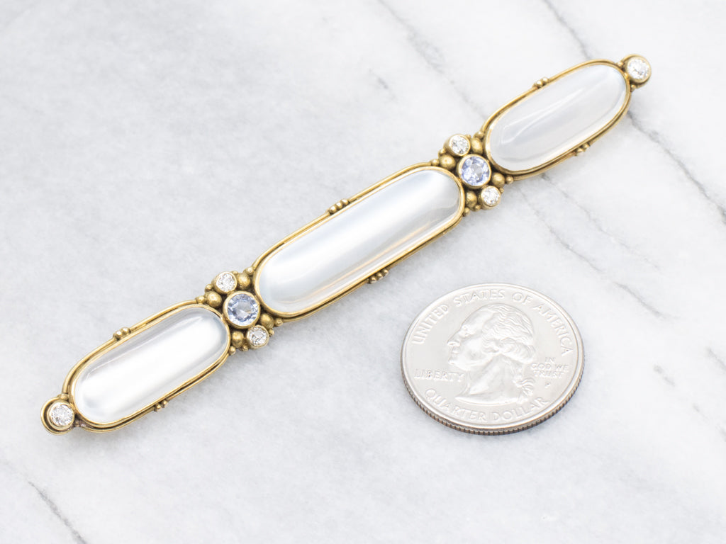 Art Nouveau Era Moonstone and Diamond Brooch in Yellow Gold