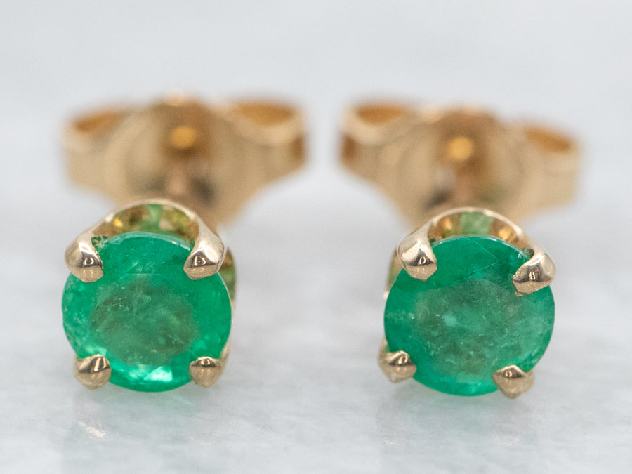 Yellow Gold Round Cut Emerald Stud Earrings