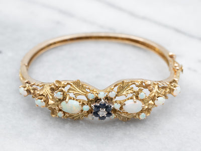 Opal and Blue Sapphire Decorative Yellow Gold Bangle Bracelet, Ornate Floral Motifs