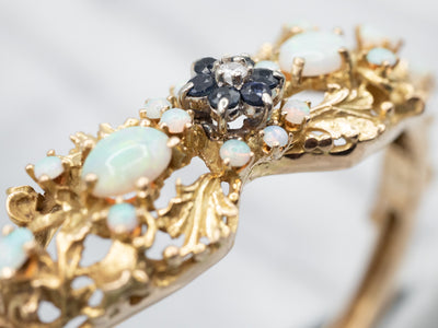 Opal and Blue Sapphire Decorative Yellow Gold Bangle Bracelet, Ornate Floral Motifs